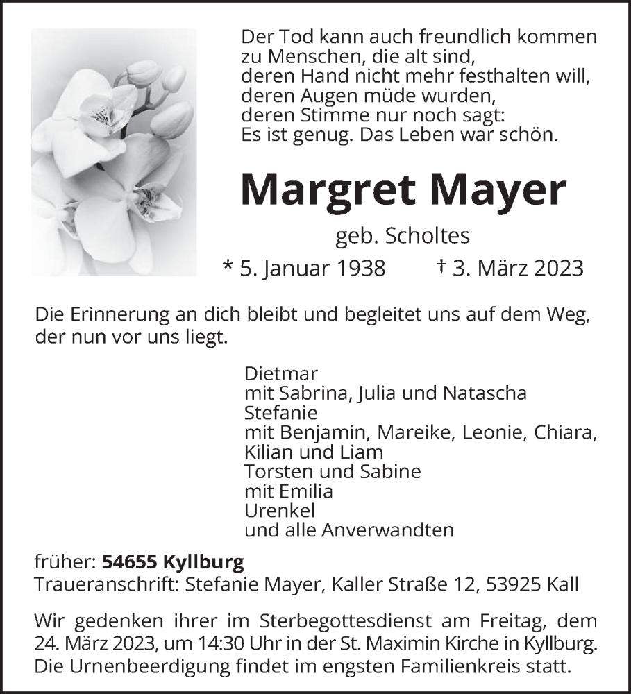  Traueranzeige für Margret Mayer vom 11.03.2023 aus trierischer_volksfreund