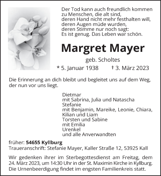 Traueranzeige von Margret Mayer von trierischer_volksfreund
