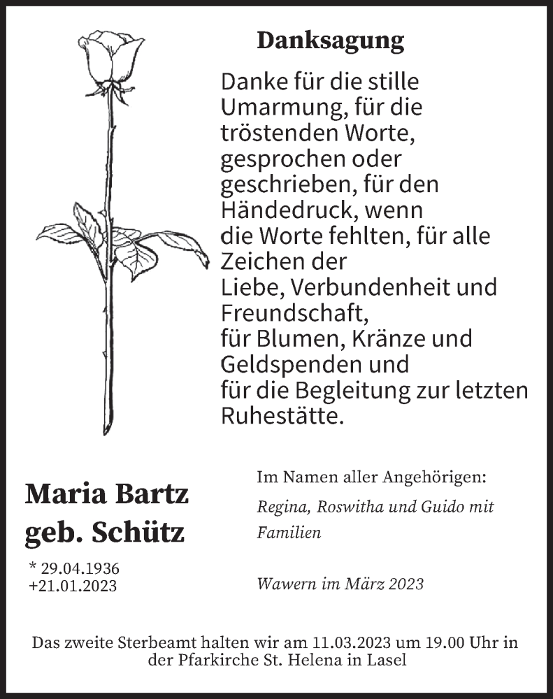  Traueranzeige für Maria Bartz vom 04.03.2023 aus trierischer_volksfreund