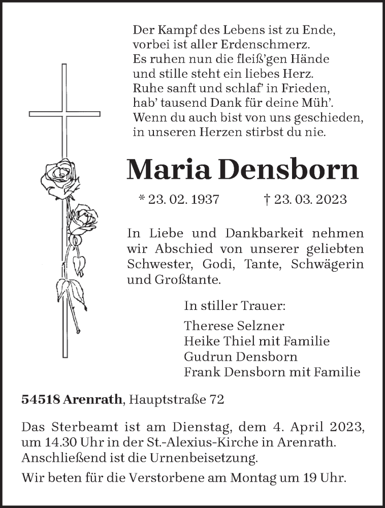  Traueranzeige für Maria Densborn vom 29.03.2023 aus trierischer_volksfreund