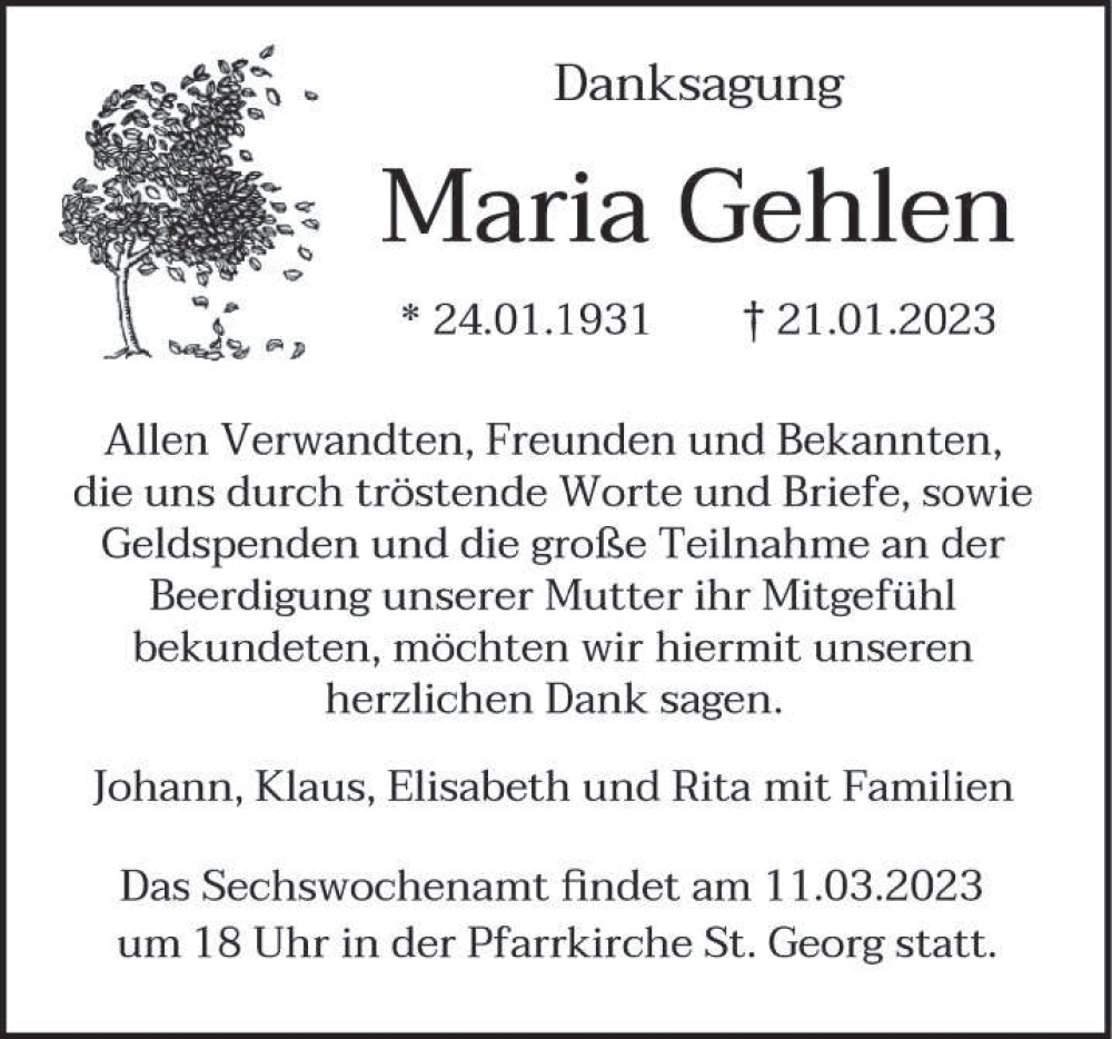  Traueranzeige für Maria Gehlen vom 04.03.2023 aus trierischer_volksfreund