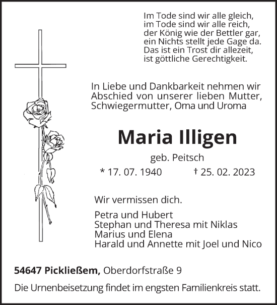 Traueranzeige von Maria Illigen von trierischer_volksfreund