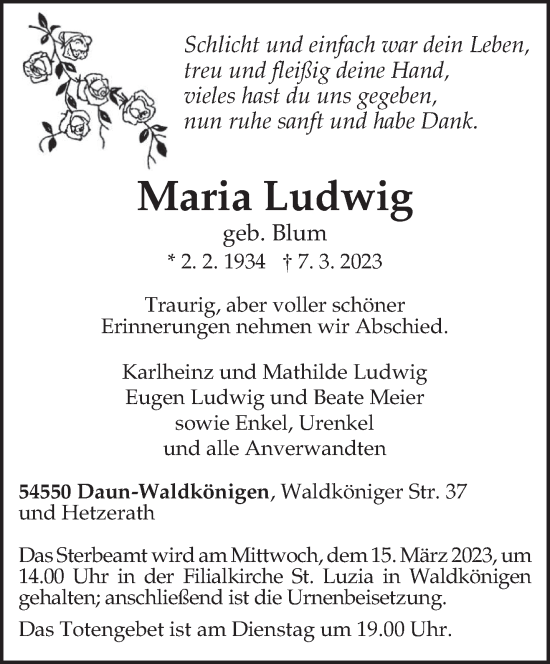 Traueranzeige von Maria Ludwig von trierischer_volksfreund