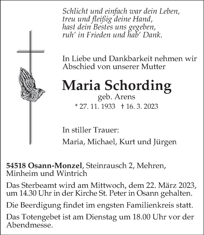  Traueranzeige für Maria Schording vom 18.03.2023 aus trierischer_volksfreund