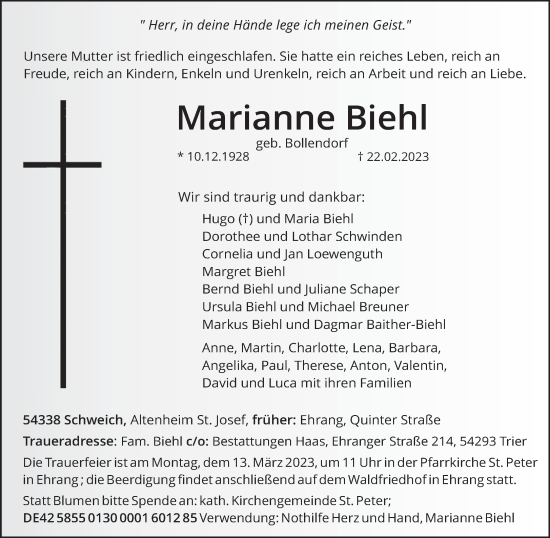 Traueranzeige von Marianne Biehl von trierischer_volksfreund