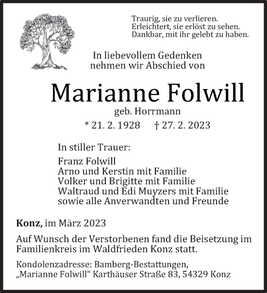 Traueranzeige von Marianne Folwill von trierischer_volksfreund