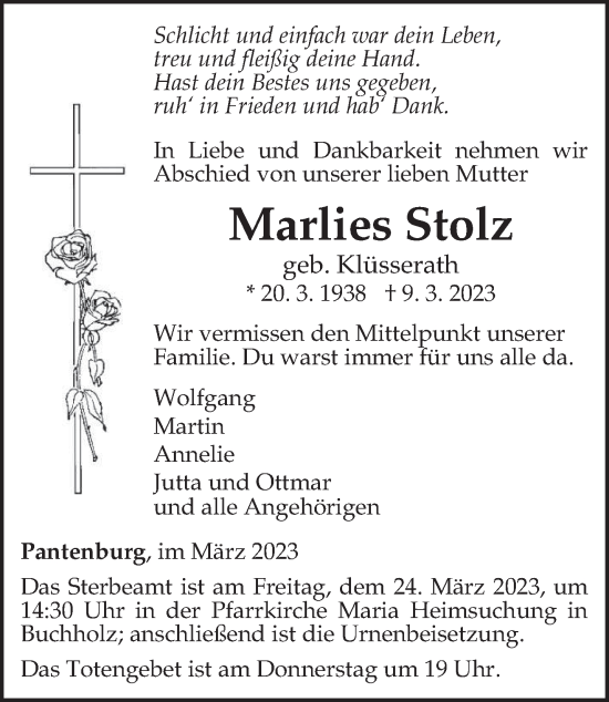 Traueranzeige von Marlies Stolz von trierischer_volksfreund
