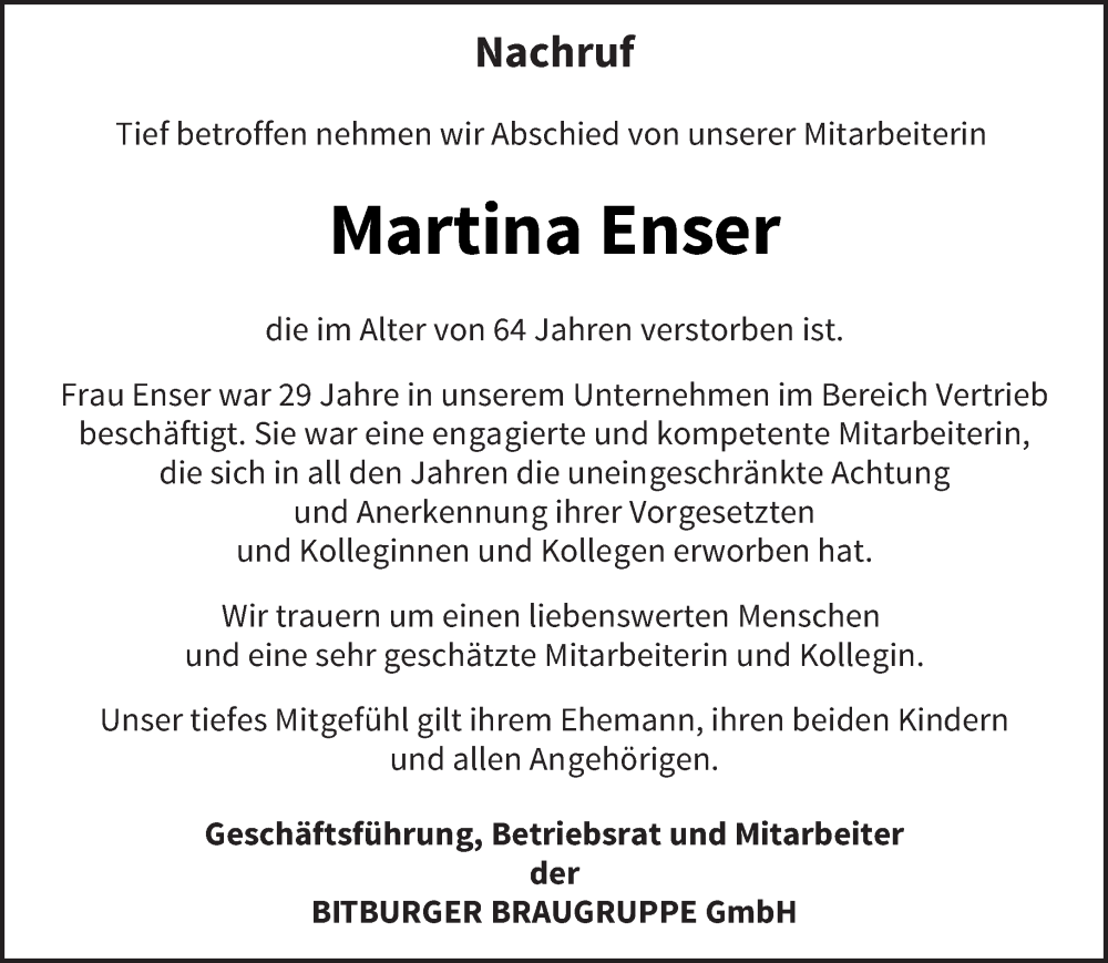  Traueranzeige für Martina Enser vom 25.03.2023 aus trierischer_volksfreund