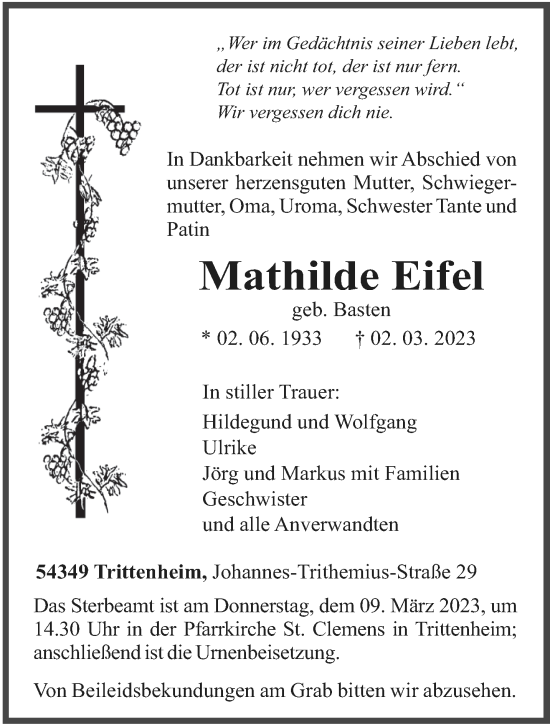 Traueranzeige von Mathilde Eifel von trierischer_volksfreund