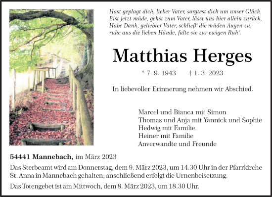 Traueranzeige von Matthias Herges von trierischer_volksfreund
