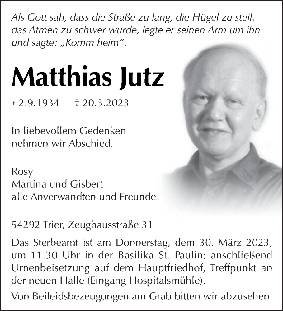  Traueranzeige für Matthias Jutz vom 25.03.2023 aus trierischer_volksfreund