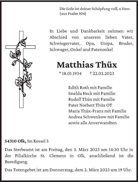 Traueranzeige von Matthias Thüx von trierischer_volksfreund