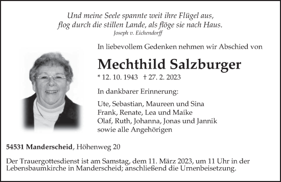 Traueranzeige von Mechthild Salzburger von trierischer_volksfreund