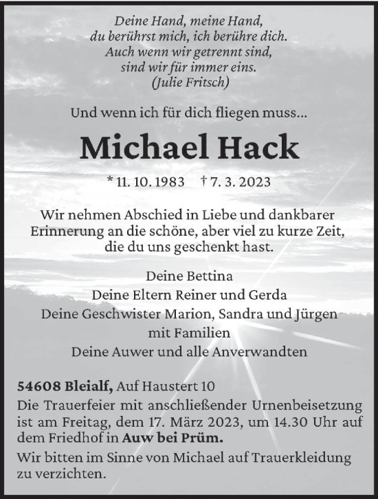 Traueranzeige von Michael Hack von trierischer_volksfreund
