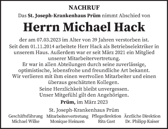 Traueranzeige von Michael Hack von trierischer_volksfreund
