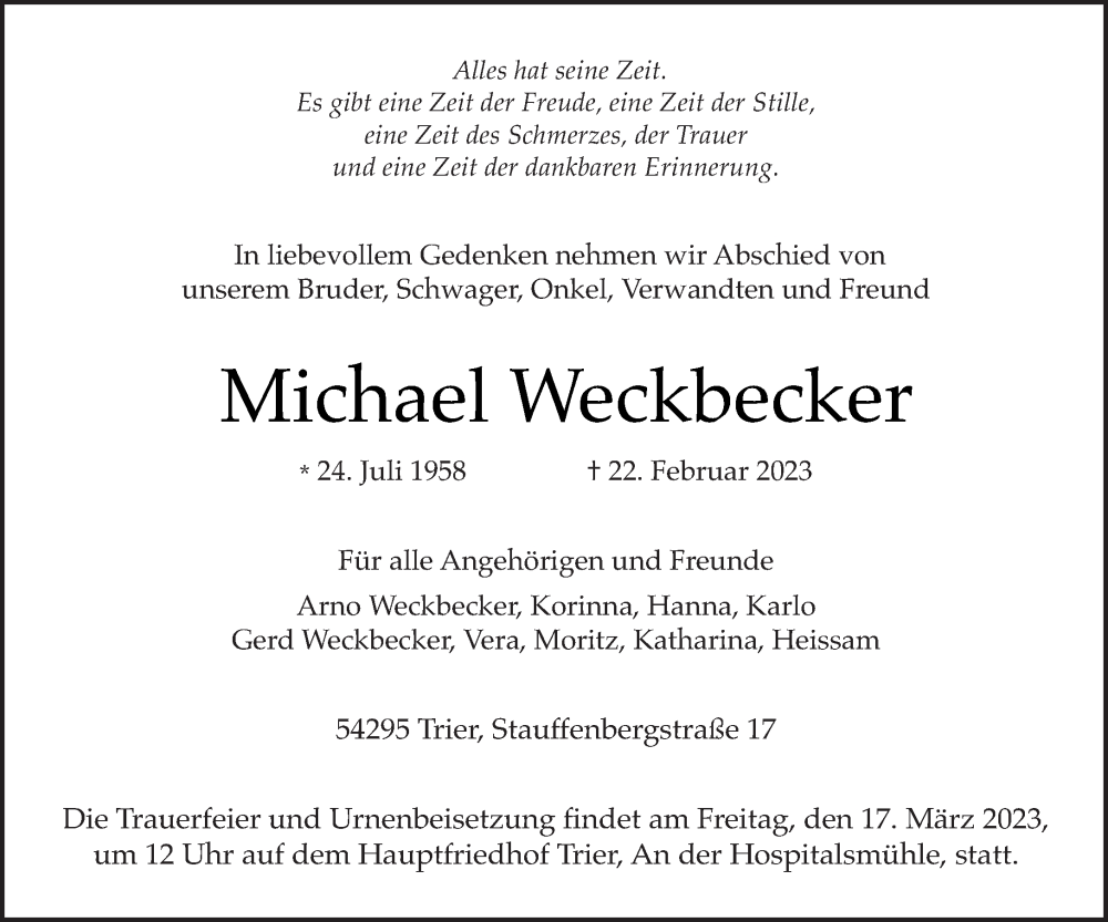  Traueranzeige für Michael Weckbecker vom 11.03.2023 aus trierischer_volksfreund