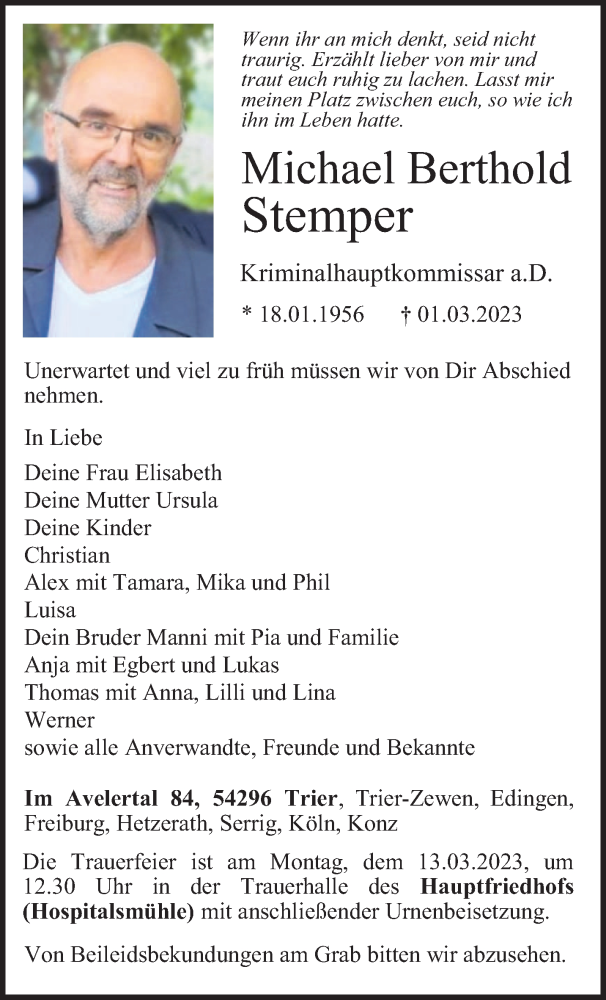  Traueranzeige für Michael Berthold Stemper vom 08.03.2023 aus trierischer_volksfreund
