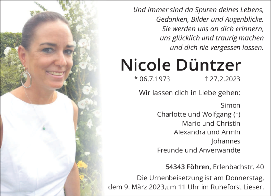 Traueranzeige von Nicole Düntzer von trierischer_volksfreund