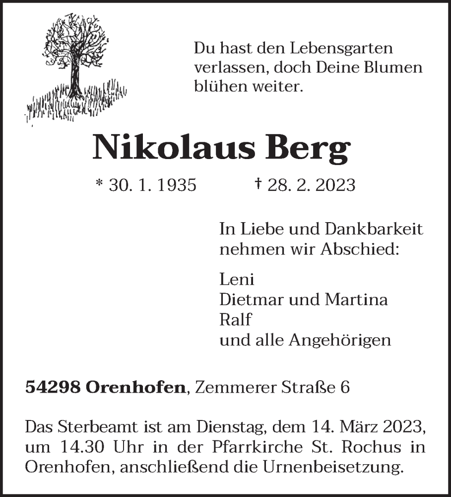  Traueranzeige für Nikolaus Berg vom 11.03.2023 aus trierischer_volksfreund