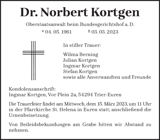 Traueranzeige von Norbert Kortgen von trierischer_volksfreund
