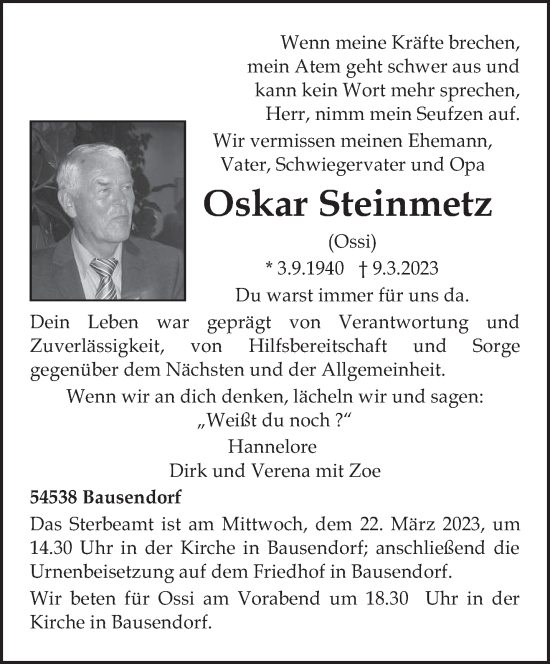 Traueranzeige von Oskar Steinmetz von trierischer_volksfreund