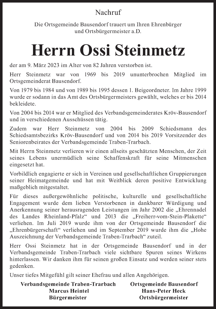  Traueranzeige für Ossi Steinmetz vom 18.03.2023 aus trierischer_volksfreund