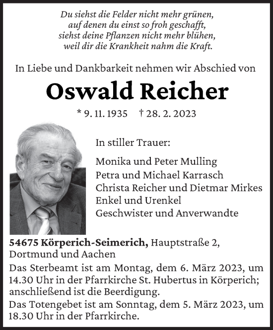 Traueranzeige von Oswald Reicher von trierischer_volksfreund