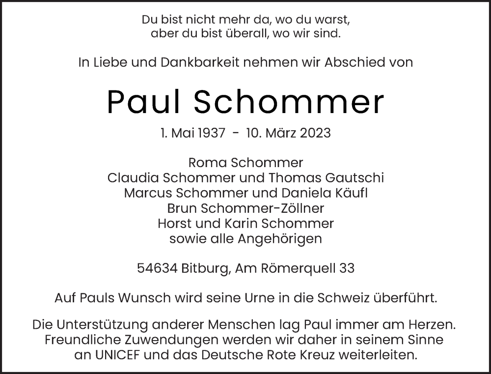  Traueranzeige für Paul Schommer vom 18.03.2023 aus trierischer_volksfreund