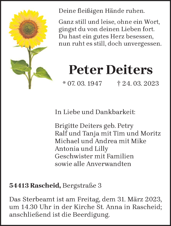 Traueranzeige von Peter Deiters von trierischer_volksfreund