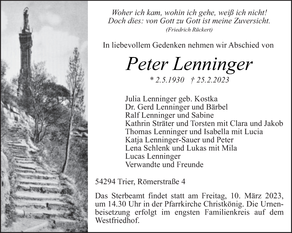  Traueranzeige für Peter Lenninger vom 04.03.2023 aus trierischer_volksfreund