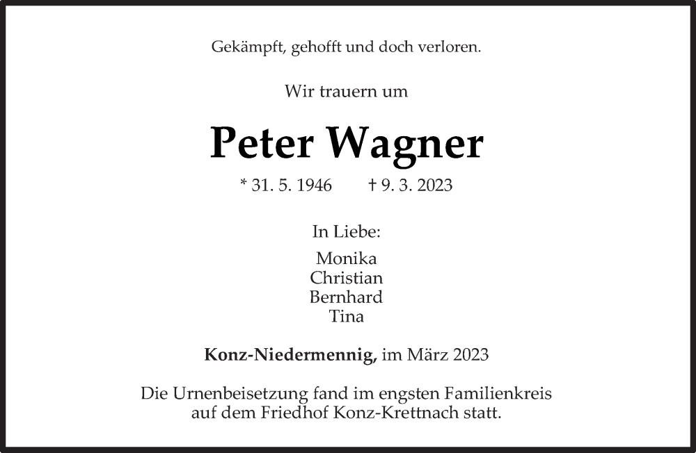  Traueranzeige für Peter Wagner vom 18.03.2023 aus trierischer_volksfreund