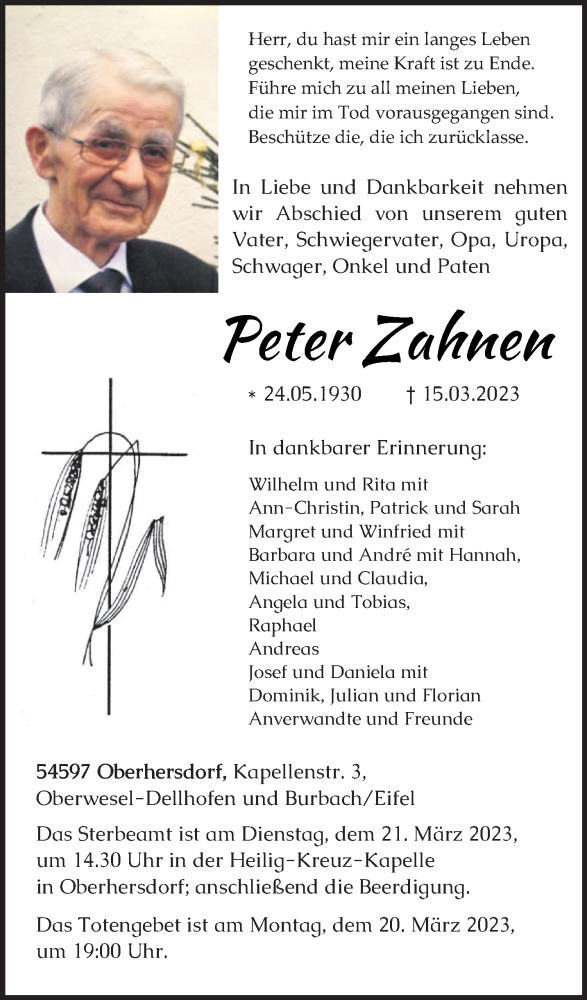 Traueranzeige für Peter Zahnen vom 18.03.2023 aus trierischer_volksfreund
