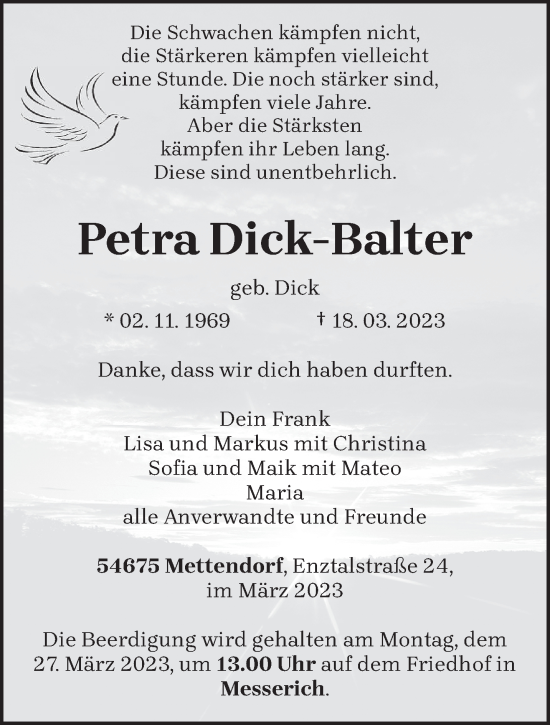Traueranzeige von Petra Dick-Balter von trierischer_volksfreund