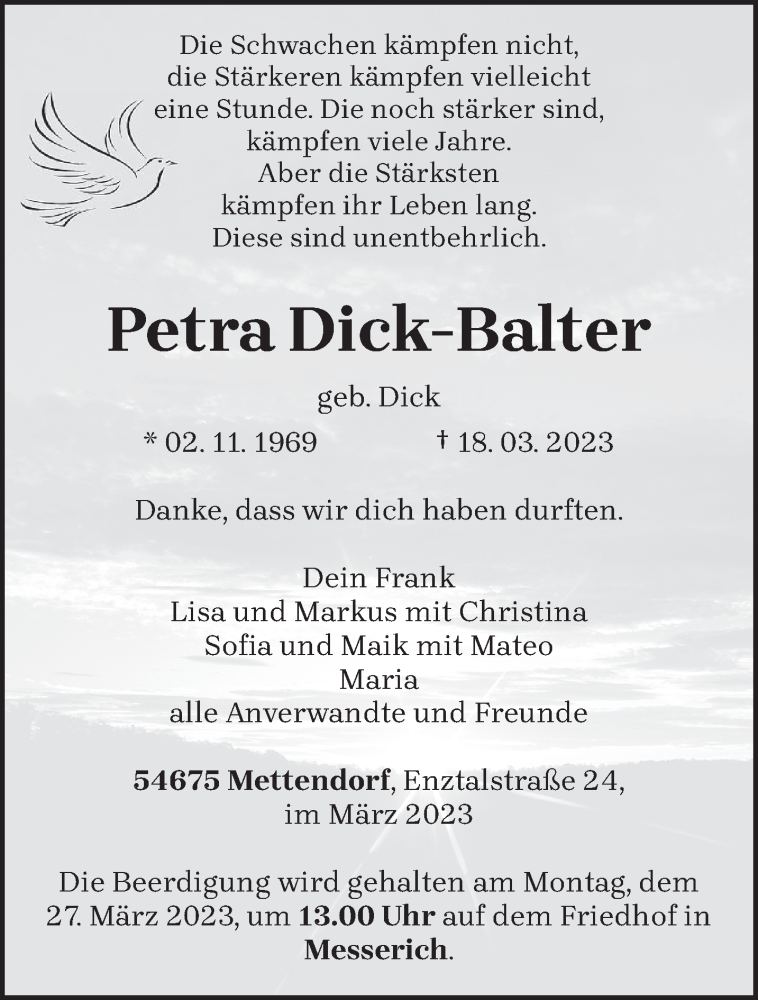  Traueranzeige für Petra Dick-Balter vom 22.03.2023 aus trierischer_volksfreund
