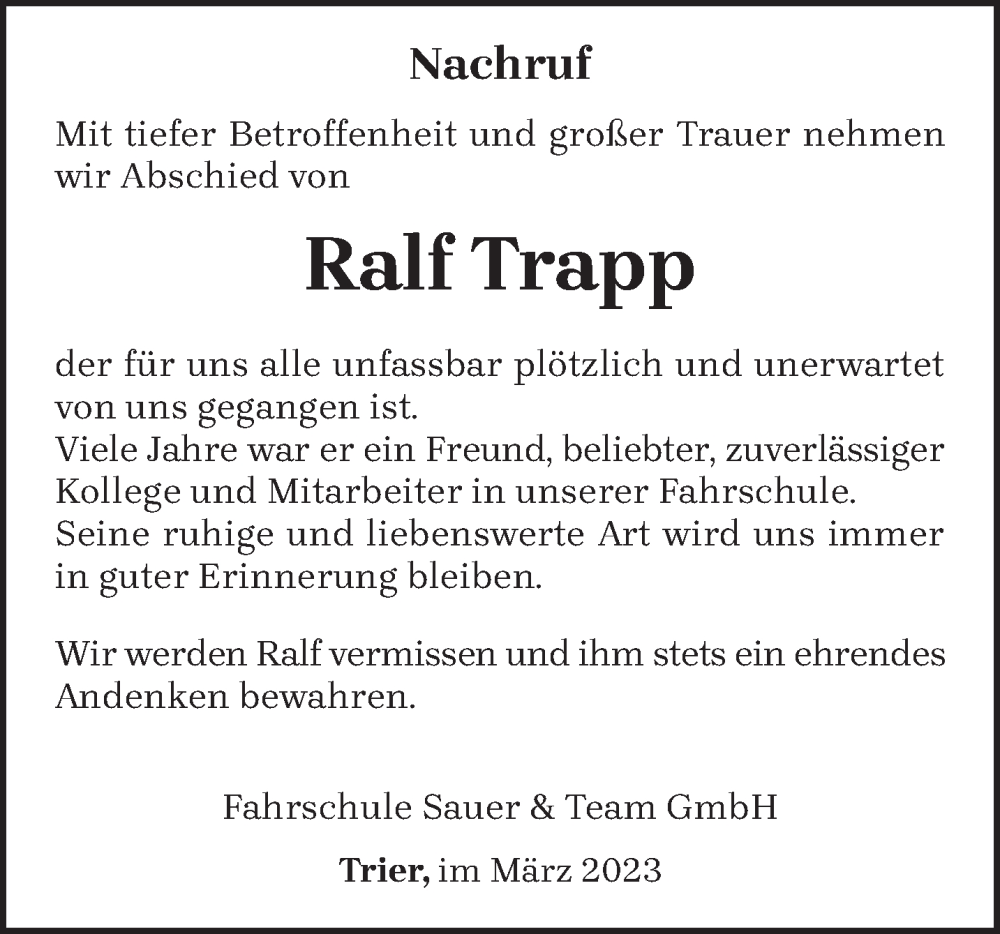  Traueranzeige für Ralf Trapp vom 11.03.2023 aus trierischer_volksfreund