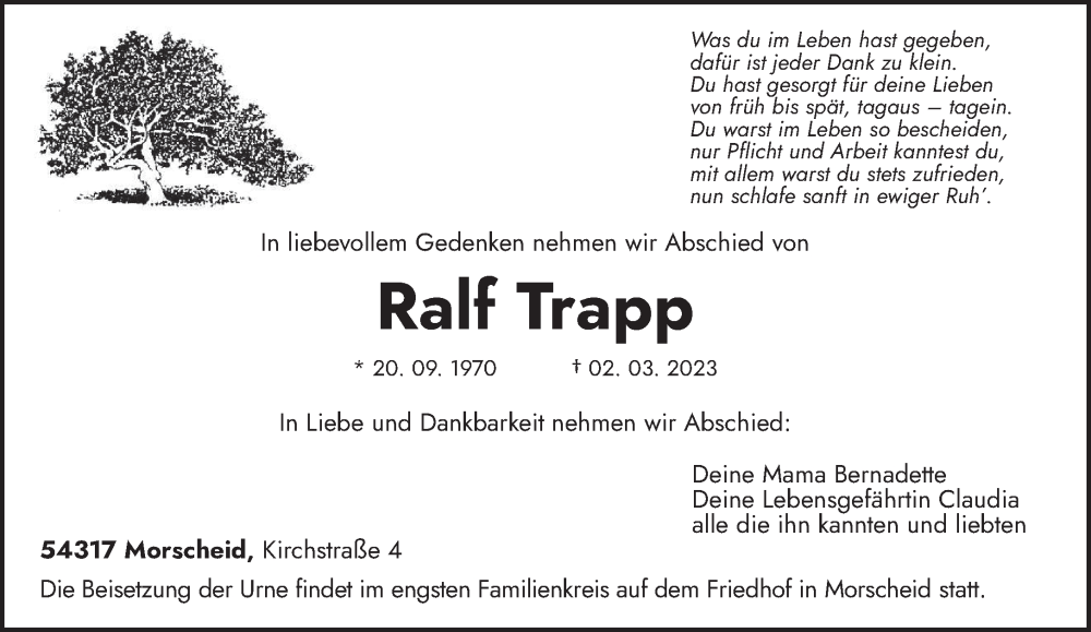  Traueranzeige für Ralf Trapp vom 11.03.2023 aus trierischer_volksfreund