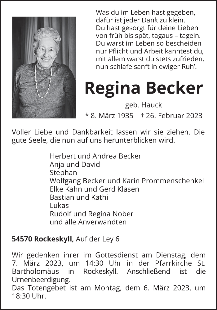  Traueranzeige für Regina Becker vom 01.03.2023 aus trierischer_volksfreund