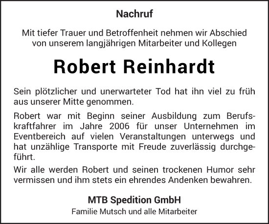 Traueranzeige von Robert Reinhardt von trierischer_volksfreund