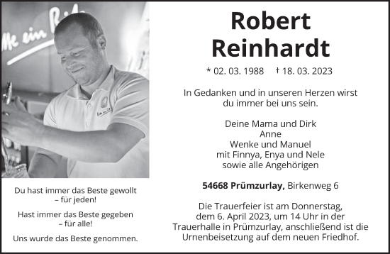 Traueranzeige von Robert Reinhardt von trierischer_volksfreund
