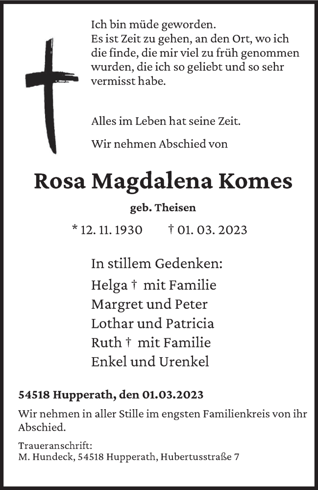  Traueranzeige für Rosa Magdalena Komes vom 11.03.2023 aus trierischer_volksfreund