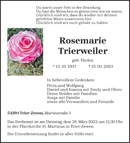 Traueranzeige von Rosemarie Trierweiler von trierischer_volksfreund
