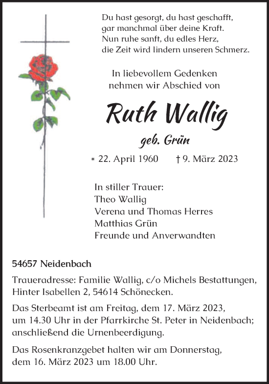 Traueranzeige von Ruth Wallig von trierischer_volksfreund