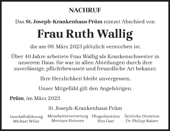 Traueranzeige von Ruth Wallig von trierischer_volksfreund