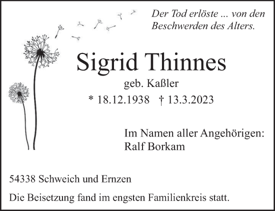 Traueranzeige von Sigrid Thinnes von trierischer_volksfreund