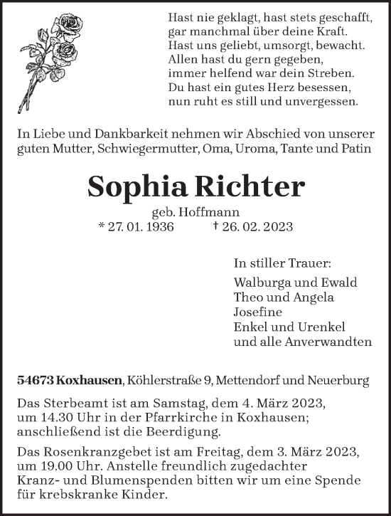 Traueranzeige von Sophia Richter von trierischer_volksfreund