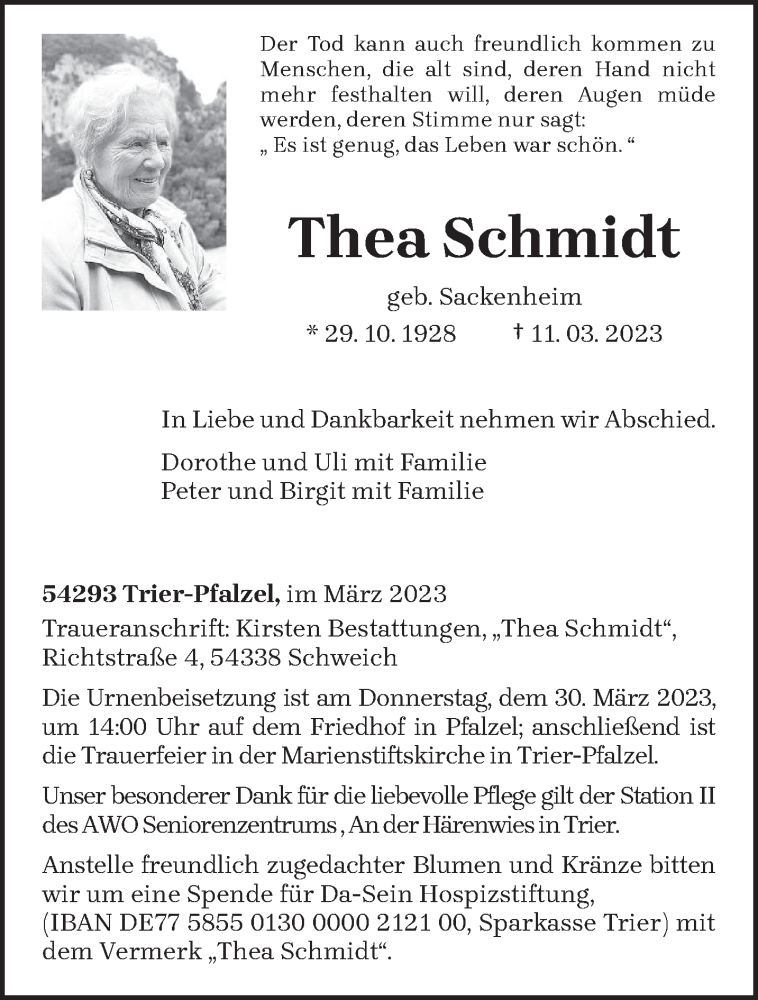  Traueranzeige für Thea Schmidt vom 27.03.2023 aus trierischer_volksfreund