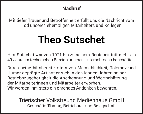 Traueranzeige von Theo Sutschet von trierischer_volksfreund