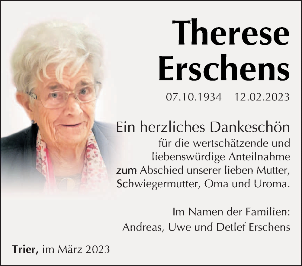  Traueranzeige für Therese Erschens vom 18.03.2023 aus trierischer_volksfreund