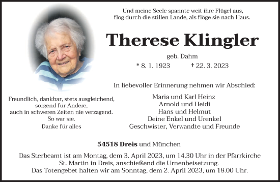 Traueranzeige von Therese Klingler von trierischer_volksfreund