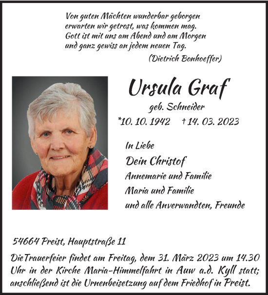 Traueranzeige von Ursula Graf von trierischer_volksfreund